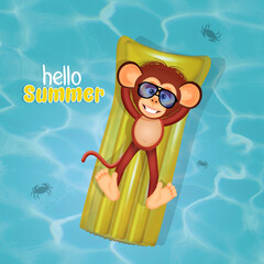 monkey relaxing on the inflatable mattress at the sea