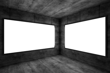 Blank space screen in the dark room. Two white screens. 3d rendering.