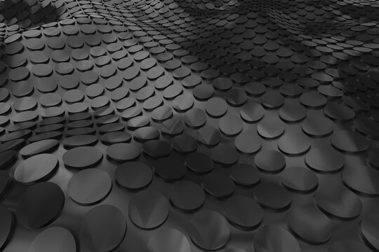 Black hi-tech background whith circles. Embossed surface. 3d rendering. © Khrystyna