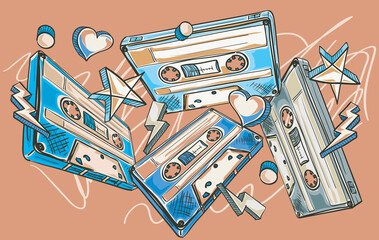 Funky colorful drawn audio cassettes