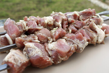 Tray with fresh pork neck on skewers