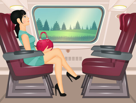 illustration of girl traveling by train