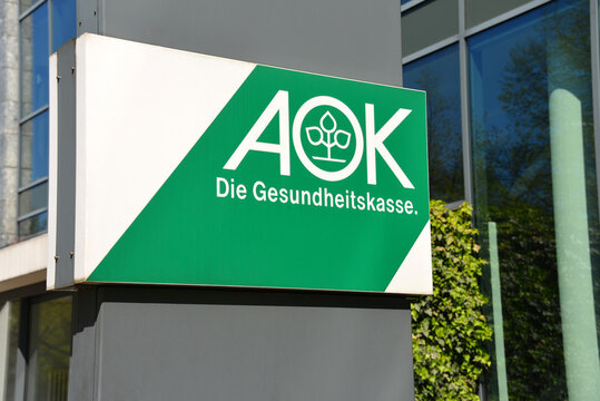 Hanover, Lower Saxony / Germany - April 21, 2019:  AOK logo in Hanover, Germany - AOK - Allgemeine Ortskrankenkasse - is one of the leading health insurance companies in Germany
