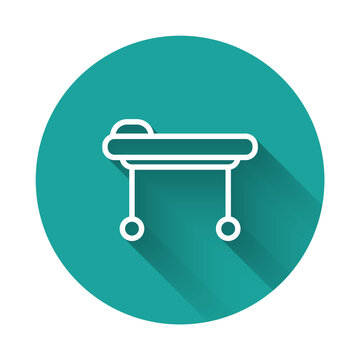 recommend clip art: White line Stretcher icon isolated with long shadow. Patient hospital medical stretcher. Green circle button. Vector Illustration.