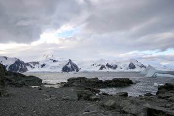 Fototapeta na wymiar Antarctic landscape with bay, icebergs, mountains, Antarctica