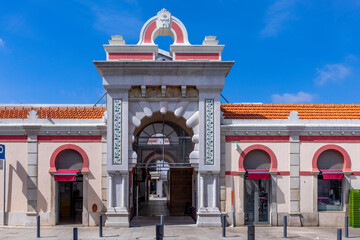 Moorish architectural facade of the traditional market in Loule, Algarve,