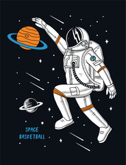 Vector illustration of astronaut playing basketball in space, graphics for t-shirt prints, posters and other uses. © cddesign.co