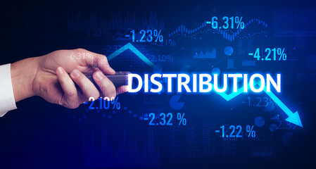 male hand holding wireless peripheral with DISTRIBUTION inscription, modern business concept