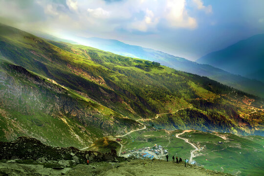 Beautiful scenic view of the himalayan valley, Near rohtang pass, Himachal Pradesh, India.