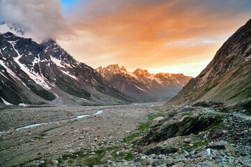 Beautiful scenic view of the Himalayan range at batal, spiti, Himachal Pradesh, India.