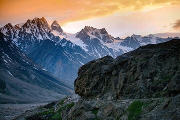 Beautiful scenic view of the Himalayan range at batal, spiti, Himachal Pradesh, India.