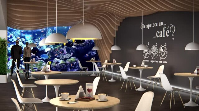 Amazing bar restaurant chill out  with wood ceiling design and aquarium 