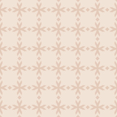 Vector geometric seamless pattern with flower shapes, crosses, diamonds. Subtle floral ornament in gothic style. Simple ornamental grid texture. Beige color. Repeat design for decor, wallpaper, fabric