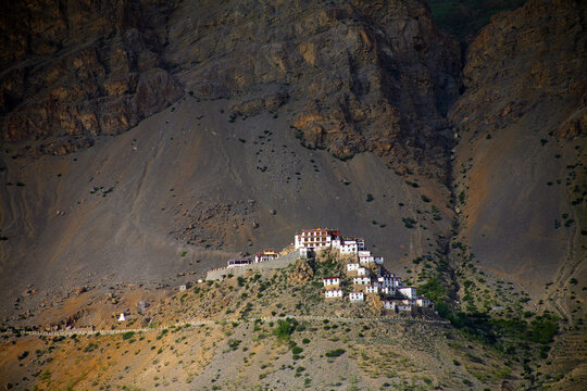 wide shot of Key monastery in barren hills at near Kaza Town, Spiti valley, Himachal Pradesh, India