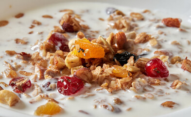 Granola (myusli) for breakfast with oatmeal, various seeds and dried fruits in a plate with milk close-up. Healthy and delicious diet breakfast.