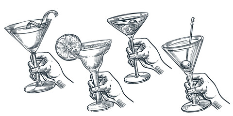 Human holding glass with alcohol cocktail. Vector hand drawn sketch illustration. Bar drinks menu design elements - 362208705