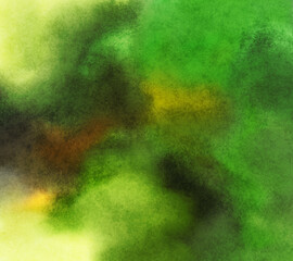 Colorful painted surface in shades of green and yellow. Chaotic paint splashes on canvas. Mixed media 2d illustration