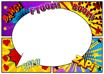 Vector pop-art style comic book page template background with explosions, speech bubble, halftone effects and rays.