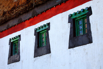 Beautiful tibet style window decorate at Losar Village. Spiti valley, Himachal Pradesh, India