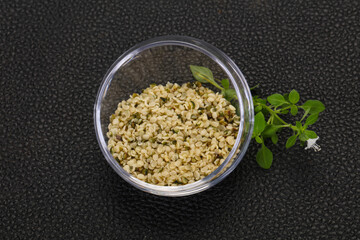 Peeled hemp seeds in the bowl