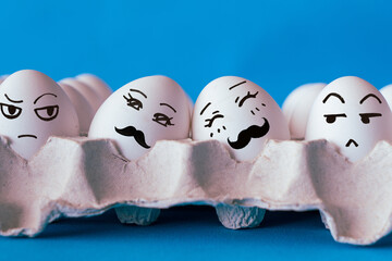 Faces on the eggs, homophobia concept, gay couple in love, social pressure and discrimination