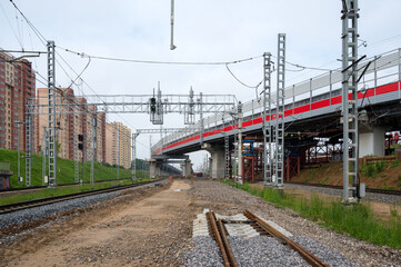 Obraz premium Reconstruction of Reutovo station of Moscow Railway with the construction of the IV main track, overpasses and the II track to Balashikha, Reutov, Moscow region, Russian Federation, June 07, 2020