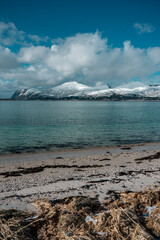 Amazing norwegian landscape with azure sea, scenic beach full of shells and snowy mountains in the background. 