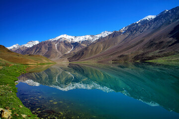 Naklejka na ściany i meble Chandratal Lake is a high altitude lake in Spiti Valley, India. Also known as Lake of the moon, Himachal Pradesh, India.