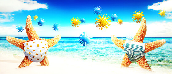 Obraz na płótnie Canvas Starfish with corona virus masks on vacation