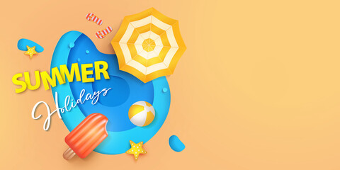 Summer holidays banner design template for poster, web, social media and mobile apps. Paper cut tropical beach top view background with umbrella, flip flops, ball and swim Ice cream air mattress.