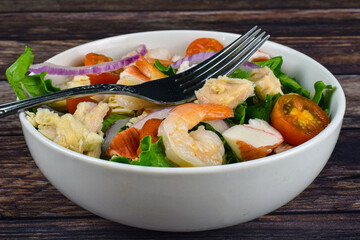 salad with tuns=a shrimp and crab meat
