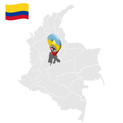 Location of Cundinamarca on map Colombia. 3d Putumayo location sign. Flag of Cundinamarca. Quality map with regions  of Colombia for your web site design, logo, app, UI. Stock vector. EPS10.