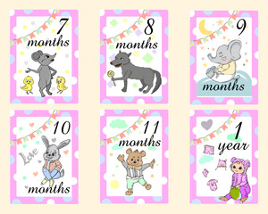 Fototapeta na wymiar Baby Months Cards for boy. Set of cute stickers with animals