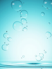 Beauty concept background. Water bubbles on blue colors background. 3d rendering illustration. 
