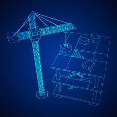 Building under construction with crane. Build house construct in process. Wireframe low poly mesh vector illustration