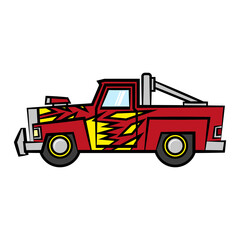 Pickup truck icon. Side view. Racing SUV. Colored silhouette. Hand drawn vector flat graphic illustration. Isolated object on a white background. Isolate.