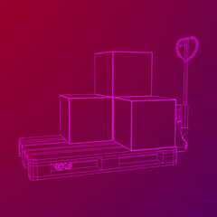 Hand pallet jack lift with pallet and stacked goods cardboard boxes. Manual forklift. Logistics shipping concept. Wireframe low poly mesh vector illustration.
