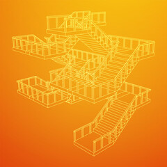 Wireframe stairs, interior staircases steps with railing. Wireframe low poly mesh vector illustration.