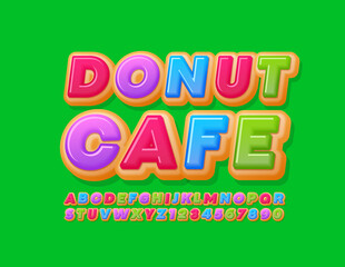 Vector bright emblem Donut Cafe. Sweet cake Font. Colorful tasty Alphabet Letters and Numbers