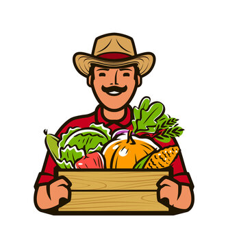 Farmer with box of fresh vegetables. Agriculture, farm vector illustration