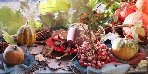 Obraz na płótnie Canvas A cup of hot drink, berries, pumpkins, spices, a scarf, autumn leaves on the background of the window, the concept of home comfort, healthy food, tea for the common cold