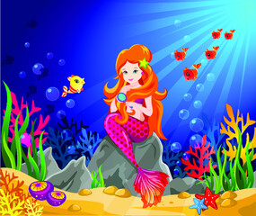 Vector illustration of underwater scene with beautiful mermaid sitting on rock and combing her hair 