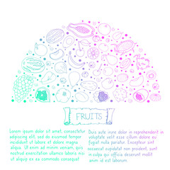 Set with fruit. Vector isolated illustration with tropical fruits. Doodle style. Apples, pears, cherries, apricots, watermelons, melons, kiwi, grapes, pomegranates, currants on a white background. 