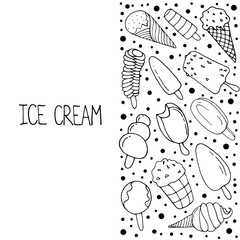 Different types of ice cream. Printing on dishes, fabrics, and clothing. Vector isolated illustration with ice cream, fruit, waffle ice cream on a white background.  Doodle style.  Vector file. 