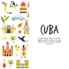 Tourist poster with famous destinations and landmarks of Cuba. Explore Cuba concept image.