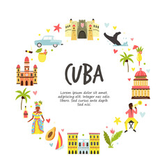 Tourist poster with famous destinations and landmarks of Cuba. Explore Cuba concept image.