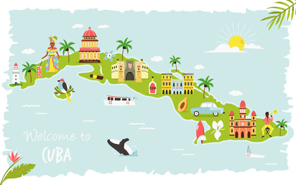 Bright illustrated map of Cuba with symbols, icons, famous destinations, attractions.