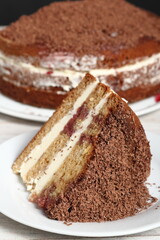 Fototapeta na wymiar Layer Cake with cream with grated chocolate topping