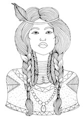 Vector drawn portrait Native American Indian woman in national headdress.  Ethnic tribal girl with braided feathers in long hair. Wild spirit of the West. Ornamental Coloring page