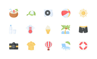 Summer color icons on white background, illustration, set. Icons for travel and leisure site. Beach Icons.